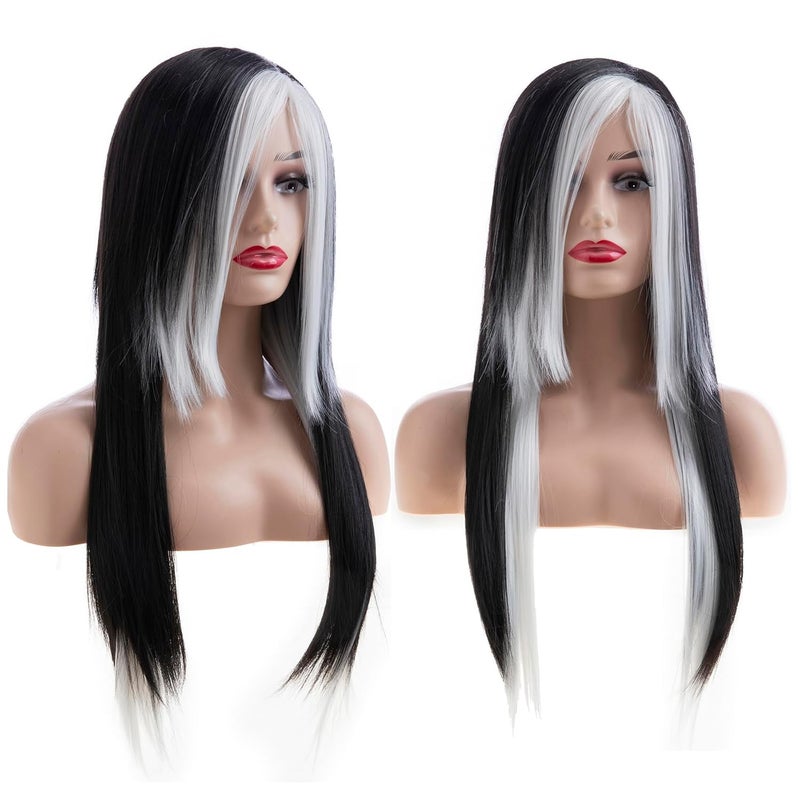 Baruisi Long White Black Wig Silky Straight Synthetic Heat Resistant Side Bangs Halloween Costume Hair Wigs for Women Girls