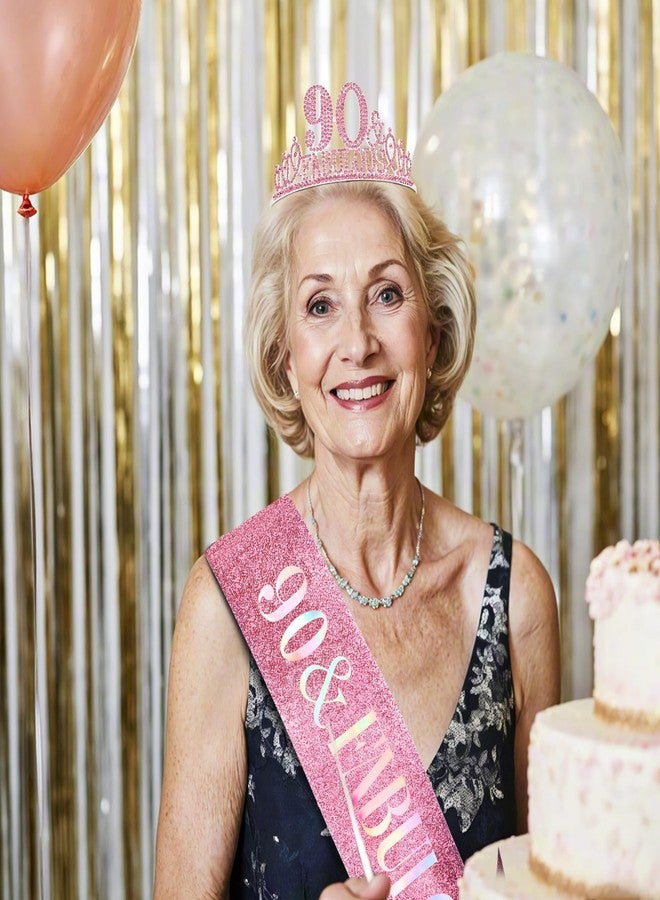 هابدو زينة عيد ميلاد هابدو الوردي التسعين للنساء، وشاح وتاج عيد الميلاد التسعين، وزينة حفلات رائعة مع تاج ووشاح - Image 3