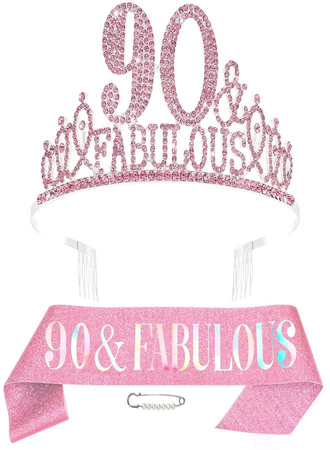هابدو زينة عيد ميلاد هابدو الوردي التسعين للنساء، وشاح وتاج عيد الميلاد التسعين، وزينة حفلات رائعة مع تاج ووشاح - Image 1