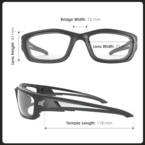 Edge نظارات أمان Edge SK-XL111 Kazbek XL المحيطة، مضادة للخدش، غير قابلة للانزلاق، UV 400، من الدرجة العسكرية، متوافقة مع ANSI/ISEA و MCEPS، تناسب XL واسع، إطار أسود/عدسة شفافة - Image 3