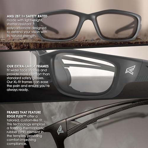 Edge نظارات أمان Edge SK-XL111 Kazbek XL المحيطة، مضادة للخدش، غير قابلة للانزلاق، UV 400، من الدرجة العسكرية، متوافقة مع ANSI/ISEA و MCEPS، تناسب XL واسع، إطار أسود/عدسة شفافة - Image 2