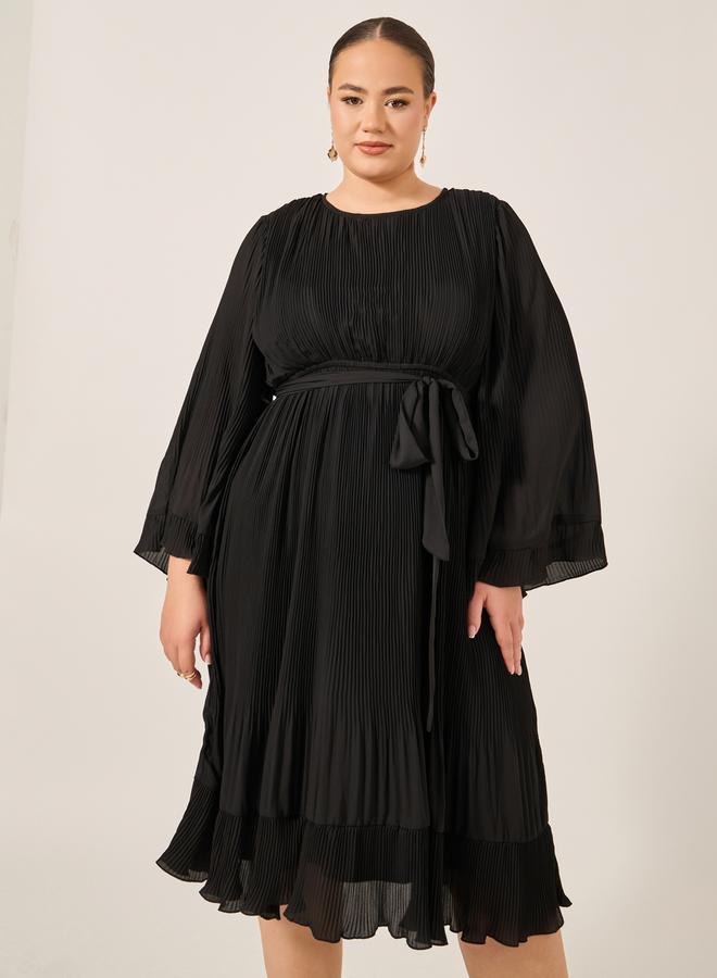 Plus Size Pleated Tie-Waist A-Line Midi Dress