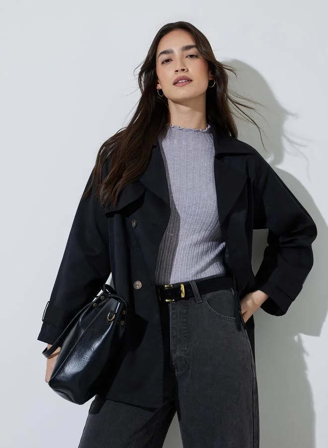 ستايلي Black Button-Front Longline Trench Coat