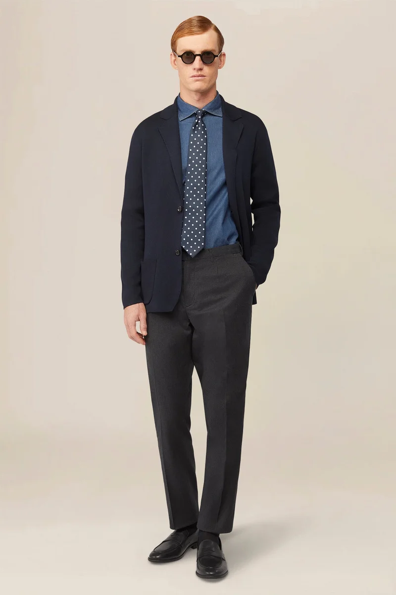 دوبل غانغر Men's single-breasted cardigan in 100% cotton Milano knit - DK Blue