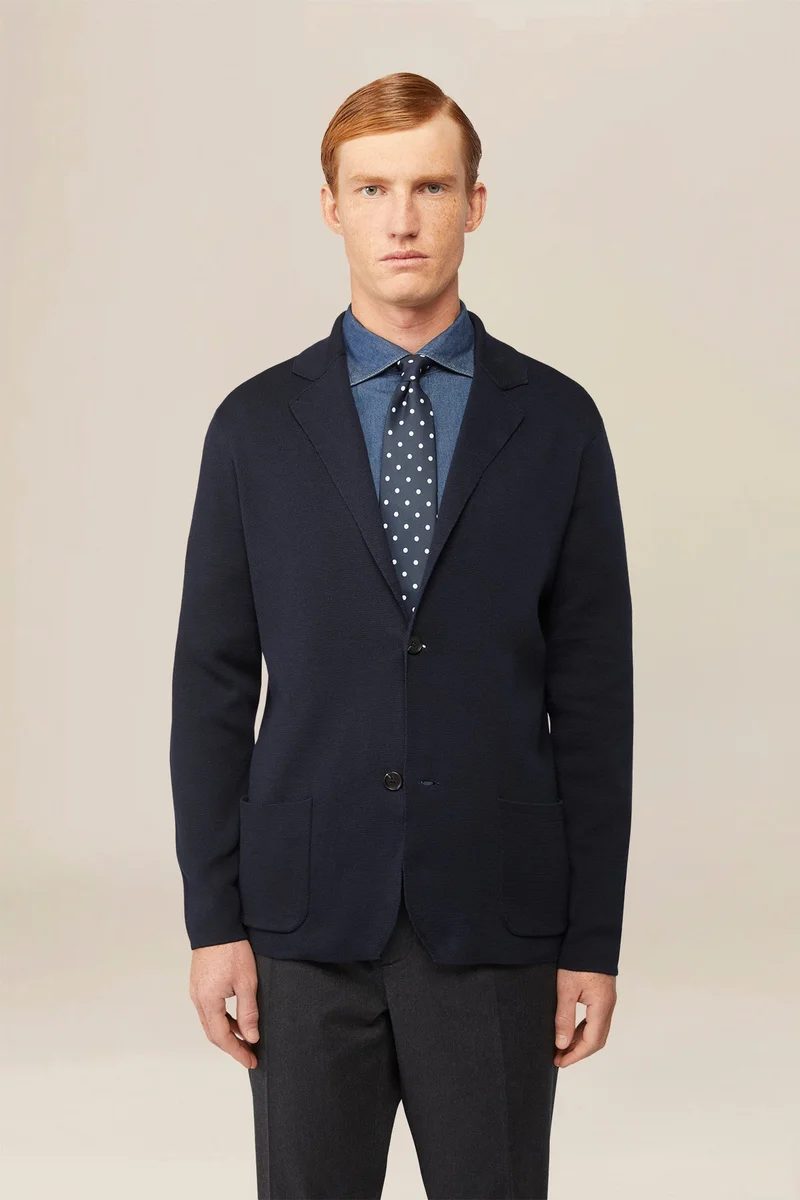 دوبل غانغر Men's single-breasted cardigan in 100% cotton Milano knit - DK Blue