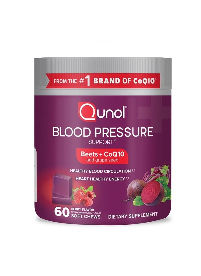 Qunol Beets Chews for Blood Pressure Support, 3 in 1 Beets + CoQ10 + Grape Seed Extract, Supports Healthy Blood Circulation & Heart Healthy Energy, 60 Chews  - Image 1
