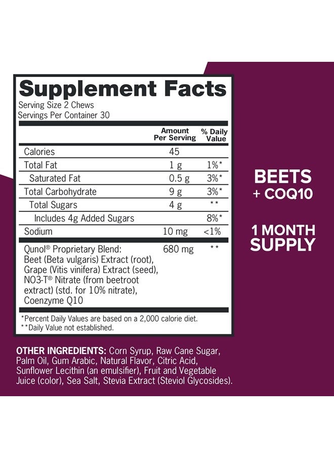 Qunol Beets Chews for Blood Pressure Support, 3 in 1 Beets + CoQ10 + Grape Seed Extract, Supports Healthy Blood Circulation & Heart Healthy Energy, 60 Chews  - Image 3
