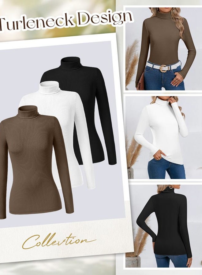 Ficerd 3 Pack Women's Ribbed Thermal Turtleneck Tops Long Sleeve Stretch Shirts Knitted Fitted Lightweight Base Layer, Black, White, Light Brown, S - Image 5