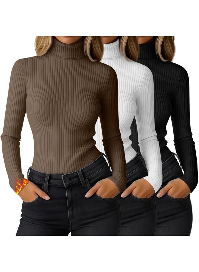 Ficerd 3 Pack Women's Ribbed Thermal Turtleneck Tops Long Sleeve Stretch Shirts Knitted Fitted Lightweight Base Layer, Black, White, Light Brown, S - Image 1