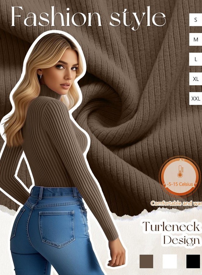 Ficerd 3 Pack Women's Ribbed Thermal Turtleneck Tops Long Sleeve Stretch Shirts Knitted Fitted Lightweight Base Layer, Black, White, Light Brown, S - Image 3