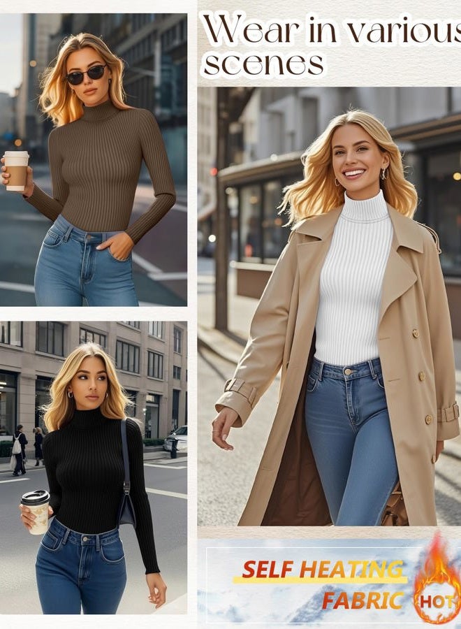 Ficerd 3 Pack Women's Ribbed Thermal Turtleneck Tops Long Sleeve Stretch Shirts Knitted Fitted Lightweight Base Layer, Black, White, Light Brown, S - Image 2
