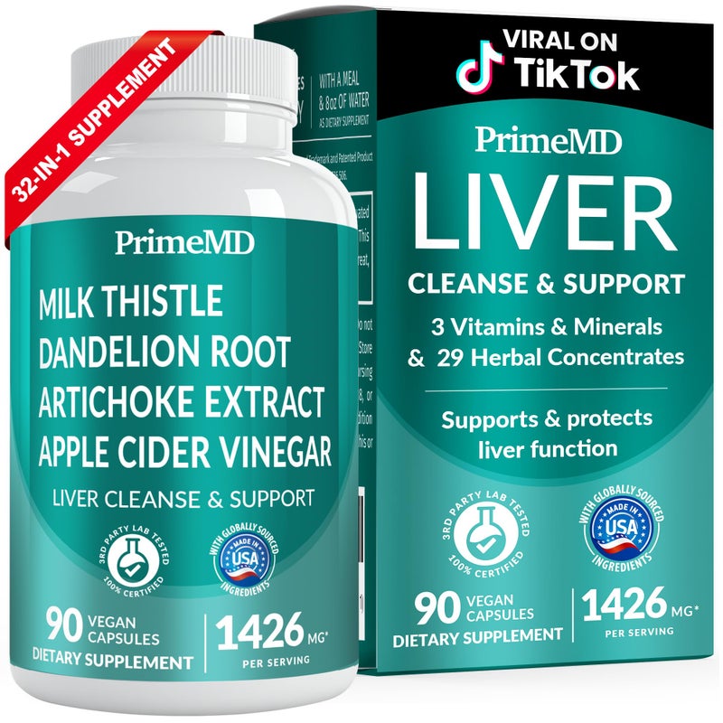 PrimeMD 32in1 Liver Cleanse Detox and Repair with Milk Thistle Silymarin Artichoke Extract and Beetroot Powder for Liver Support Gallbladder Supplement with Active Liver Health Formula 1426mg 90ct