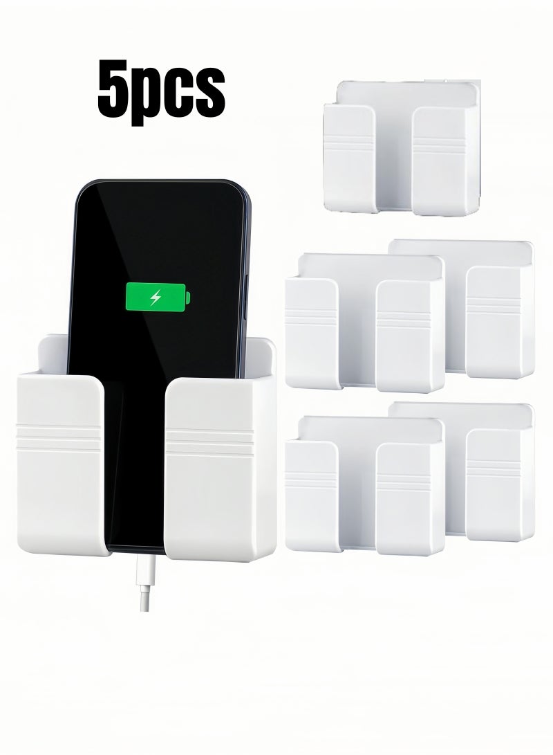 Angola Panda 5PCS Wall Mount Phone Holder with Adhesive, Phone Stand with Data Line Receiving Hole, Remote Control Stand, Use for Home, Office (White) - Image 1