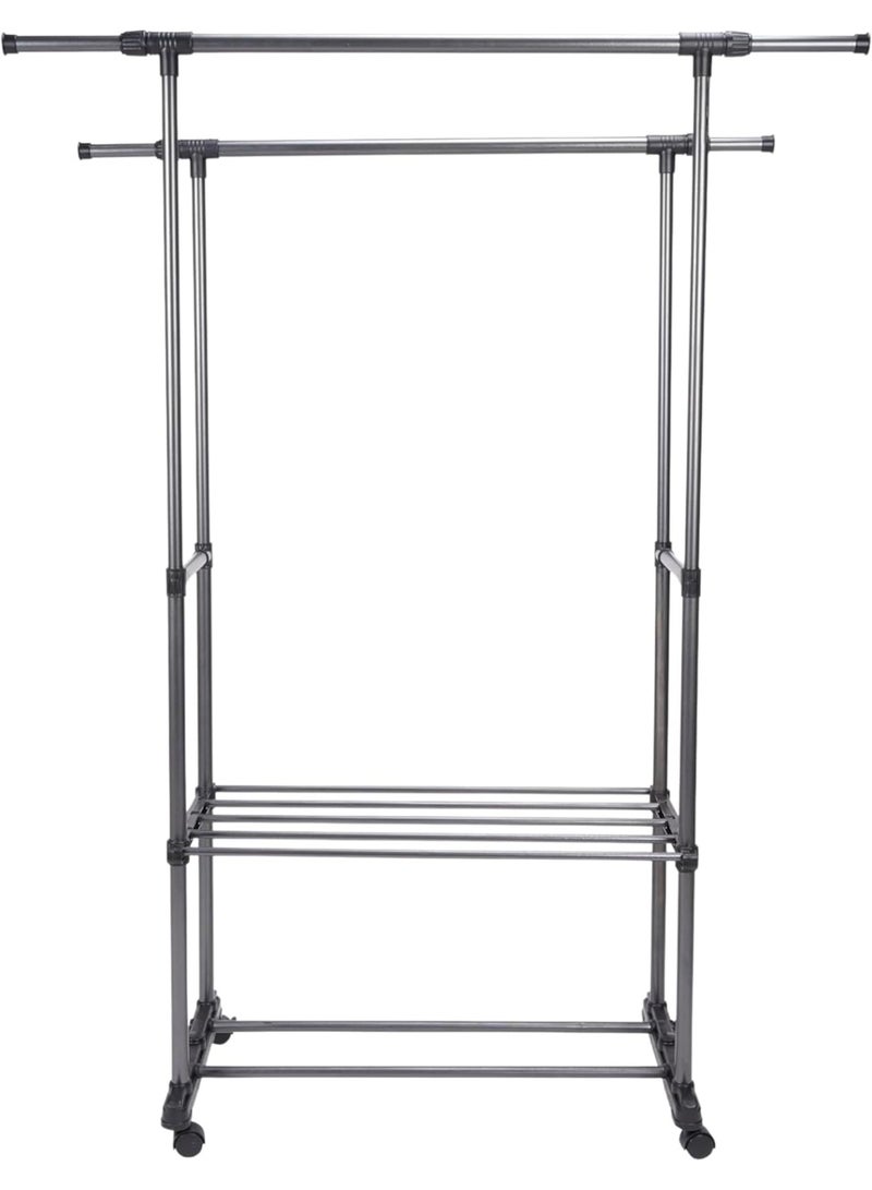 Home Dwell Adjustable Double Rod Cloth Drying Stand with Wheels – Heavy Duty Rolling Clothes Stand with Bottom Shelf – Portable Wardrobe Organizer for Bedroom, Closet, or Laundry Room - Image 2