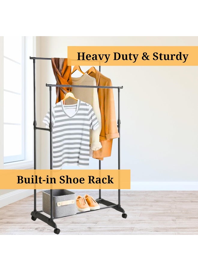 Home Dwell Adjustable Double Rod Cloth Drying Stand with Wheels – Heavy Duty Rolling Clothes Stand with Bottom Shelf – Portable Wardrobe Organizer for Bedroom, Closet, or Laundry Room - Image 4