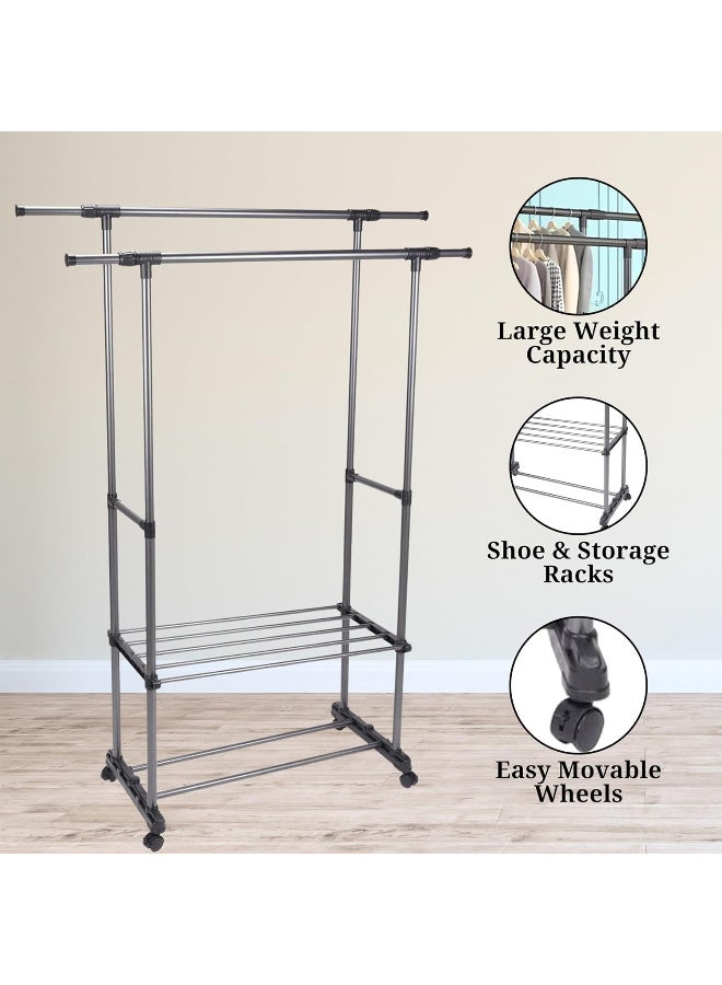 Home Dwell Adjustable Double Rod Cloth Drying Stand with Wheels – Heavy Duty Rolling Clothes Stand with Bottom Shelf – Portable Wardrobe Organizer for Bedroom, Closet, or Laundry Room - Image 5