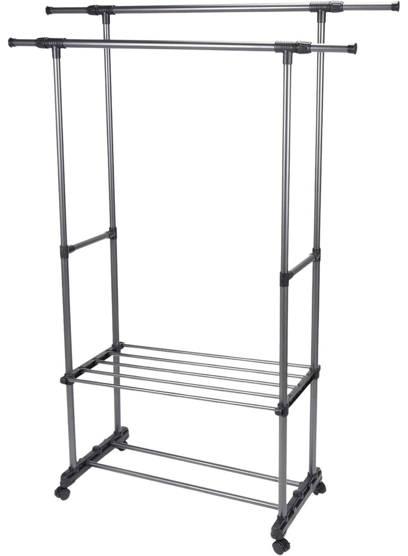 Home Dwell Adjustable Double Rod Cloth Drying Stand with Wheels – Heavy Duty Rolling Clothes Stand with Bottom Shelf – Portable Wardrobe Organizer for Bedroom, Closet, or Laundry Room - Image 1