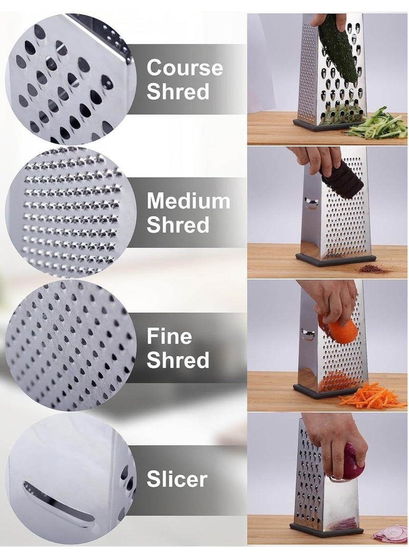 Stainless Steel Box Grater 4-Sided | Coarse, Medium & Fine Shred + Slicer | Heavy Duty Cheese & Vegetable Grater | Non-Slip Base | Kitchen Tool" - Image 2