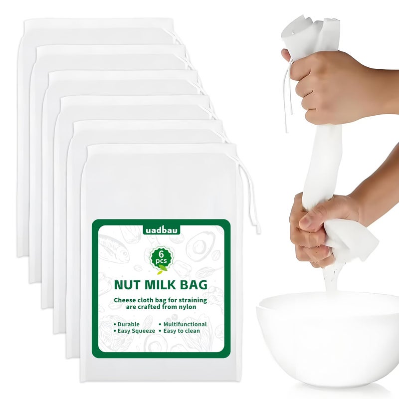 uadbau 6 Pcs Nut Milk Bag 12 x 8 Inch Yogurt Strainer 200 Mesh Cheese Cloth Bag for Straining Reusable Fine Mesh Strainer for Filtering Yogurt Juice Coffee Tofu Tea Cheese - Image 2