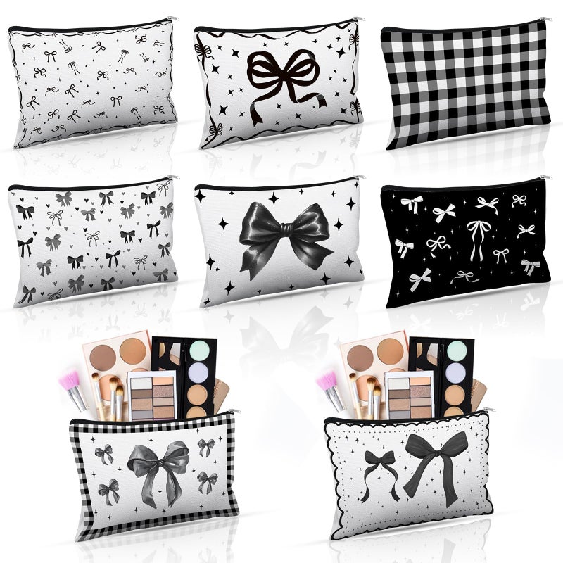 Stuffygreenus 8 Pcs Bow Makeup Bags Bulk for Women Black Coquette Aesthetic Preppy Cosmetic Bags Bow Floral Canvas Toiletry Bags Aesthetic Travel Zipper Pouches for Bridesmaids Wedding Party Favors Supplies - Image 1