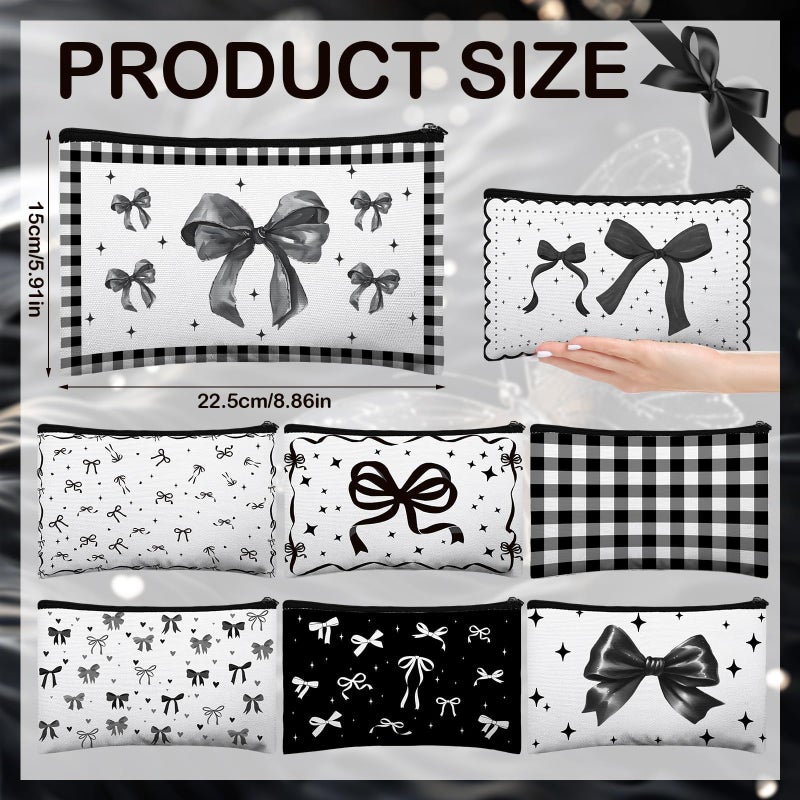 Stuffygreenus 8 Pcs Bow Makeup Bags Bulk for Women Black Coquette Aesthetic Preppy Cosmetic Bags Bow Floral Canvas Toiletry Bags Aesthetic Travel Zipper Pouches for Bridesmaids Wedding Party Favors Supplies - Image 2