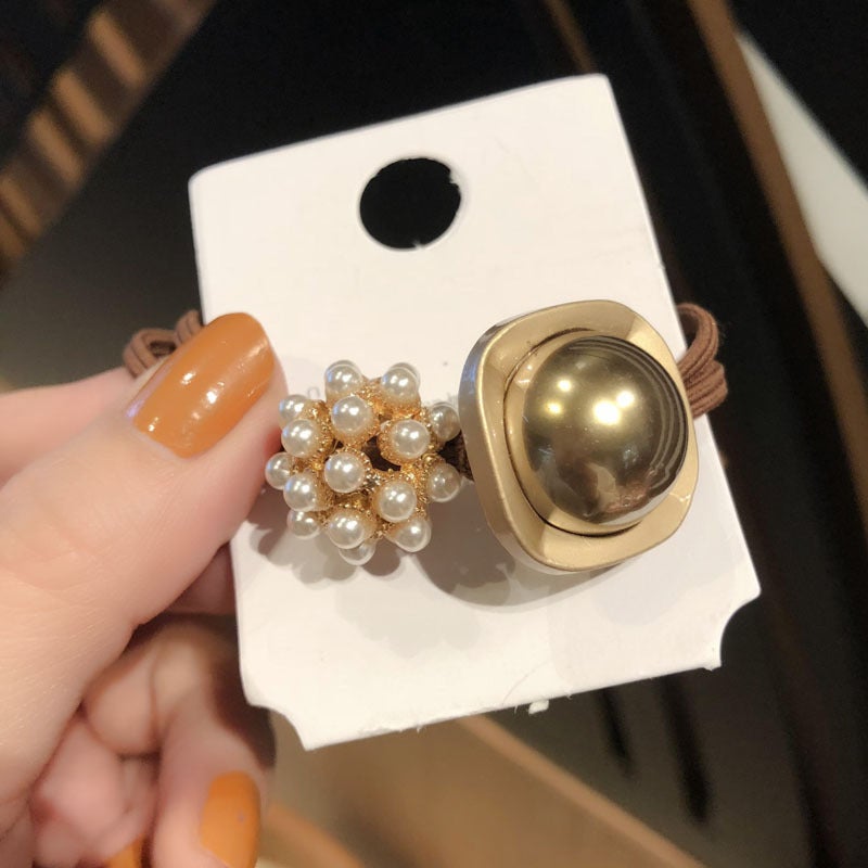 Loquat Internet Celebrity Headwear Womens Headwear Korean Dongdaemun Pearl Hairband Hair Accessories Simple Rubber Band Hair Rope Bonus Head Original-Coffee