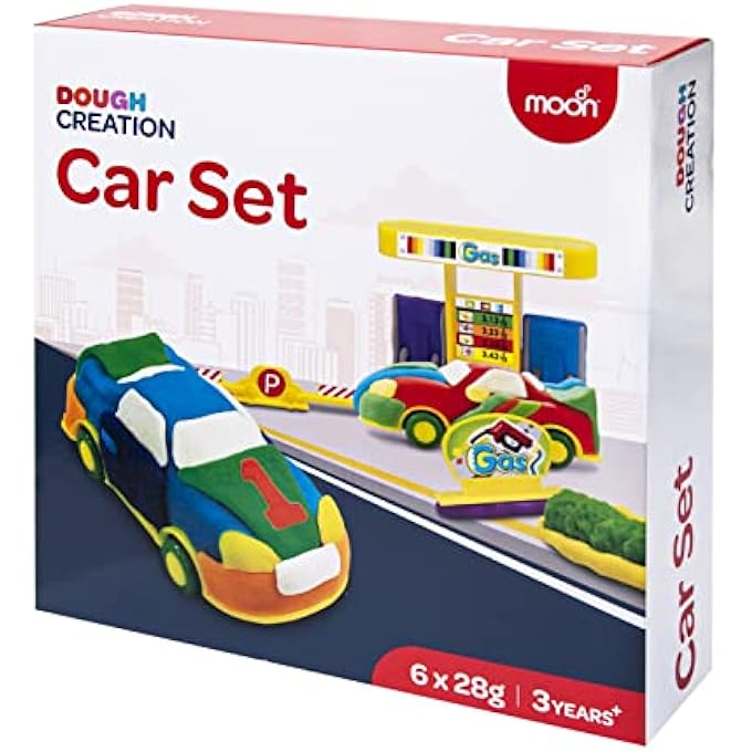 THE MOON BRAND DOUGH CREATION CAR SET  EDUCATIONAL PLAYDOUGH FOR KIDS WITH CUTTERS TOOLS  NONTOXIC MODELING CLAY FOR 3+ YEARS  DIY CLAY TOYS AND ACCESSORIES FOR BIRTHDAY PARTY  6 X 28G - Image 1
