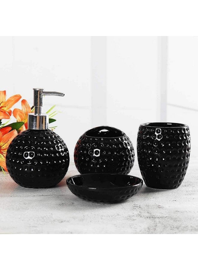 Whizzo Ceramic Honeycomb Shape 4 Pieces Bathroom Set Liquid Dispenser, Toothbrush Holder, Soap Dish, Tumbler Holder (Black) - Image 1