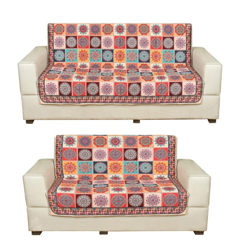 Nendle Premium Touch Soft Velvet Three Layer Quilted Sofa Cover 3 Seater and 2 Seater with Combined seat and Back| Anti-Slip Protector Covers for Living Room, Drawing Room (Orange, Pack of 3+2) - Image 1