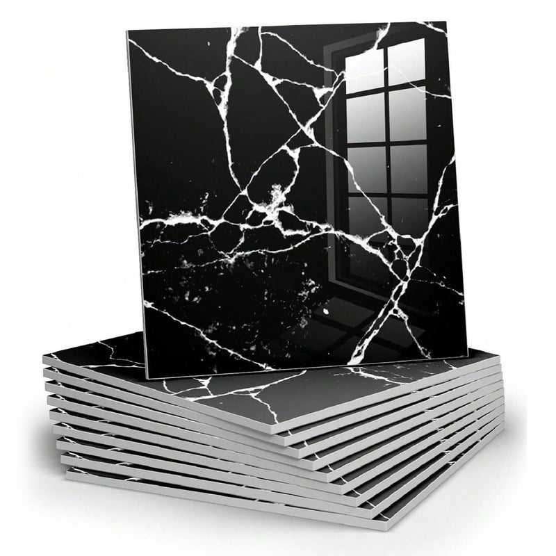 Chejiaye 10pcs Marble Peel and Stick Backsplash Waterproof Washroom Wall Panels, Peel and Stick Tile, PVC Wall Panels for Kitchen (Black Marble Tiles, 11.8" x 11.8" x2.5MM x 10Pack) - Image 1