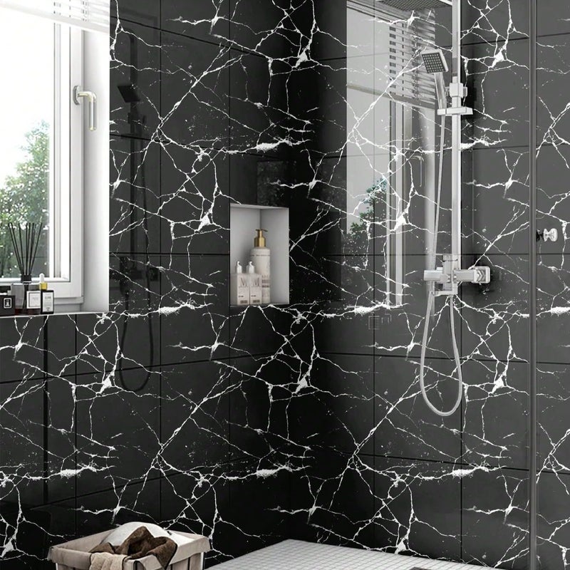 Chejiaye 10pcs Marble Peel and Stick Backsplash Waterproof Washroom Wall Panels, Peel and Stick Tile, PVC Wall Panels for Kitchen (Black Marble Tiles, 11.8" x 11.8" x2.5MM x 10Pack) - Image 3