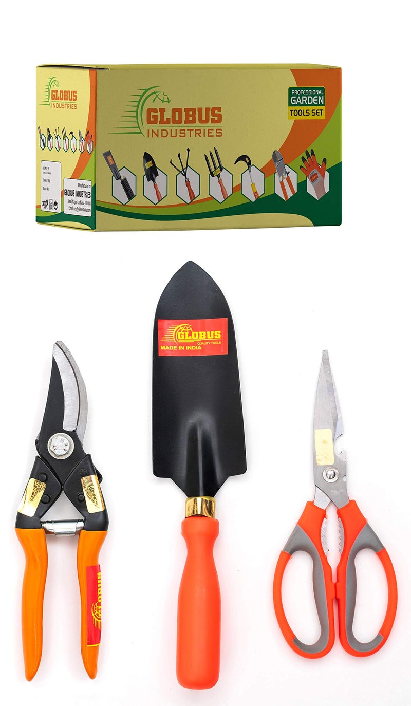 GLOBUS 1253 STEEL GARDEN TOOLS SET/3 PCS (MAJOR PRUNER, GARDEN SCISSOR AND TRANSPLANTER ORANGE COLOUR HANDLE) - Image 1