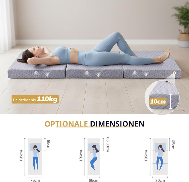 ايجوهوم مرتبة قابلة للطي من EGO Home مقاس 65 × 196 سم، مرتبة قابلة للطي من 3 قطع بمستوى صلابة H3، ارتفاع 10 سم، مرتبة قابلة للطي من فوم الجل مقاس 196 × 65 سم للسفر والتخييم والاستخدام الخارجي والأرضيات وسرير الضيوف، معتمدة من Oeko-Tex - Image 2