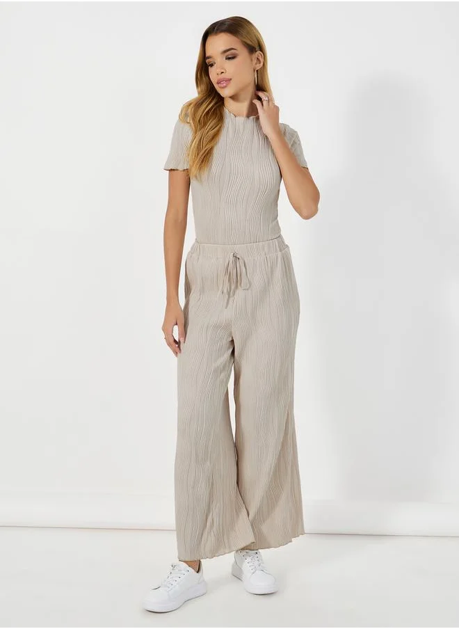 Styli Textured High Neck Bodysuit & Wide Leg Pants Co-Ords