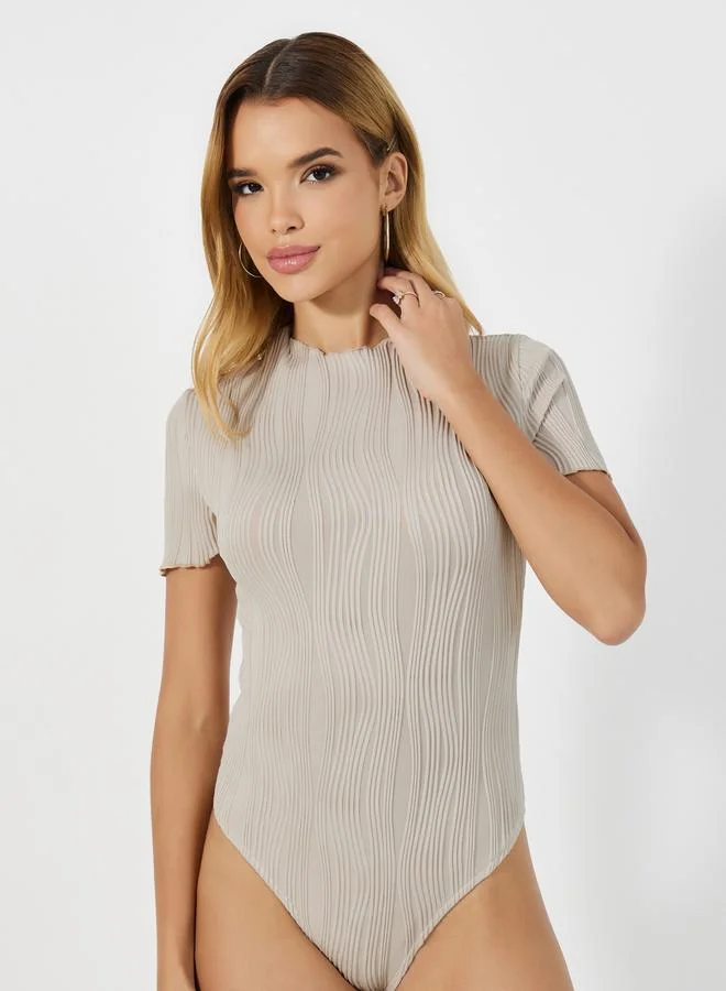 Styli Textured High Neck Bodysuit & Wide Leg Pants Co-Ords