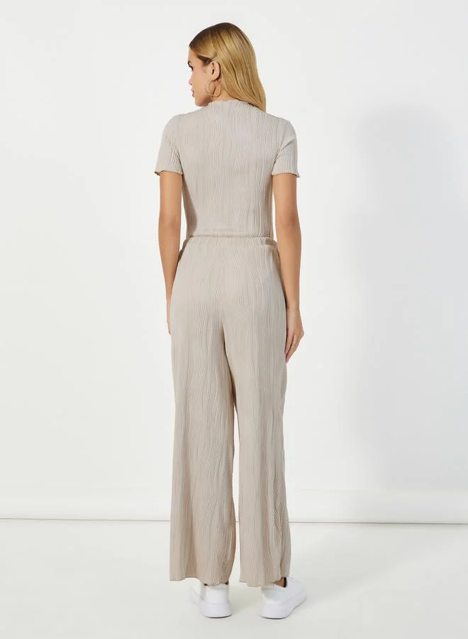 Styli Textured High Neck Bodysuit & Wide Leg Pants Co-Ords
