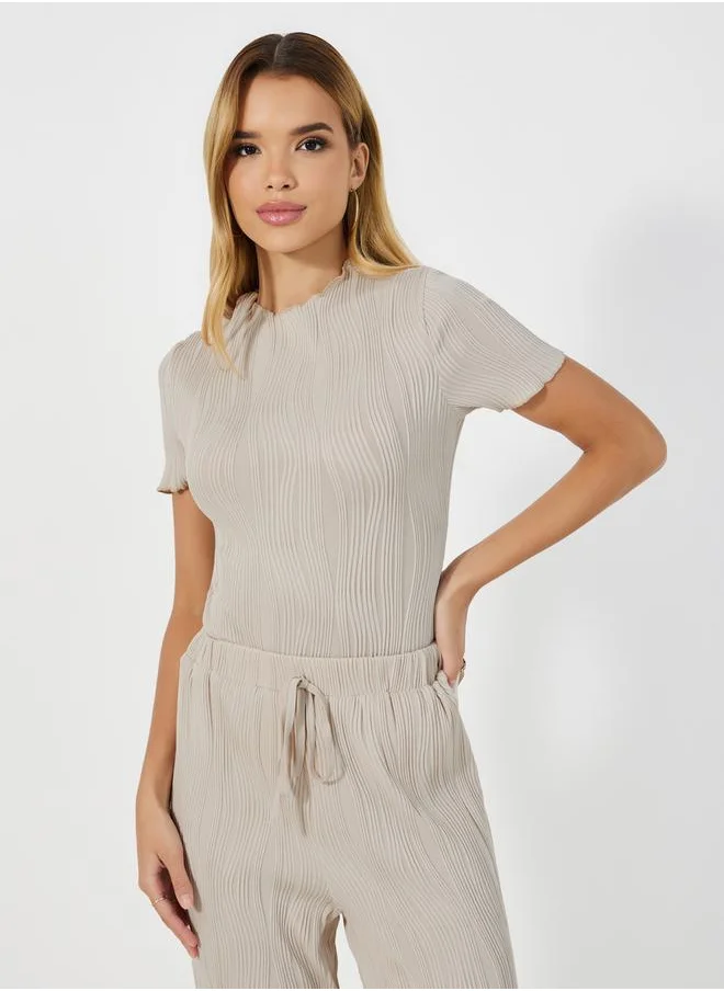 Styli Textured High Neck Bodysuit & Wide Leg Pants Co-Ords