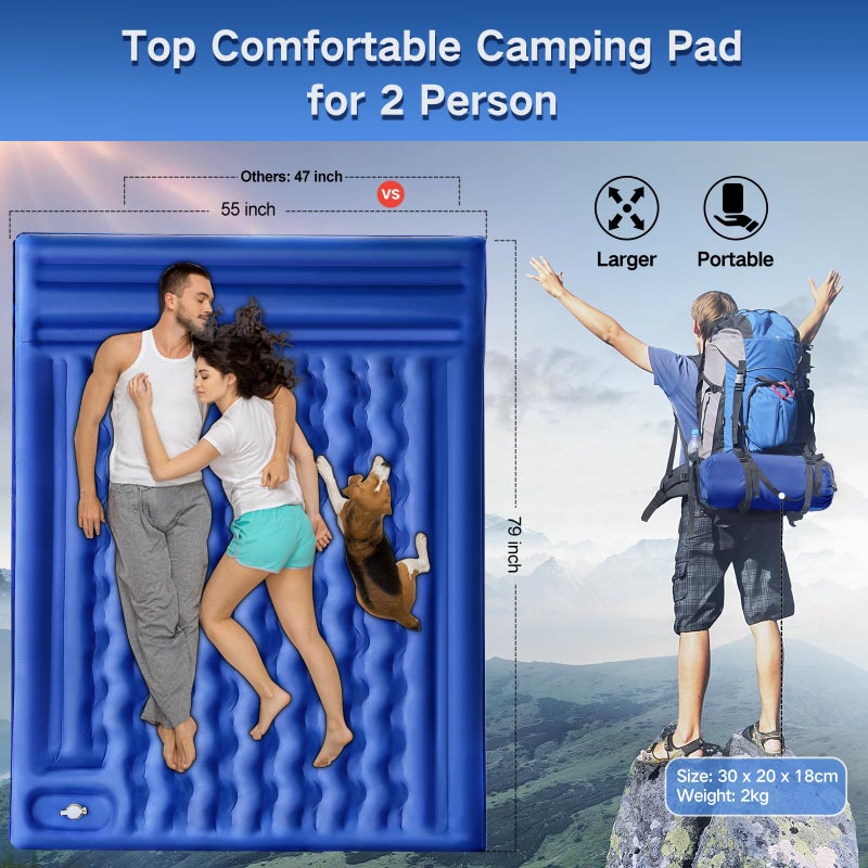 FNARMW Double Sleeping Pad Camping, Self Inflating 6'' Extra-Thick 2 Person Pillow Built-in Foot Pump Waterproof Inflatable Sleeping Mat Backpacking, Tent, Hiking, Portable Camping Pad (Navy Grey) - Image 3