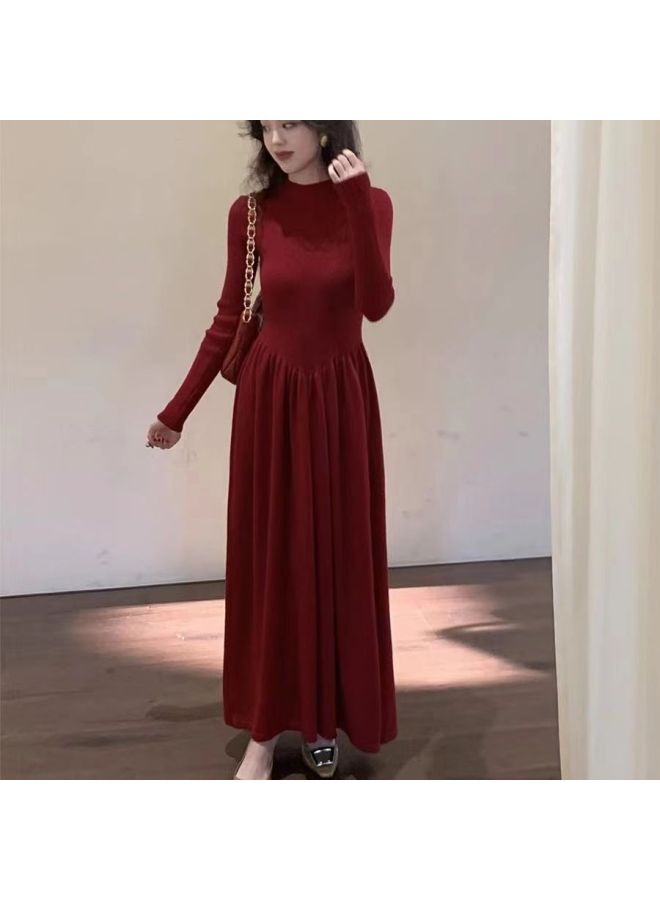 فستان أحمر خريفي شتوي أسلوب كوري عالي الخصر ضيق محبوك نصف طوق عالي داخلي