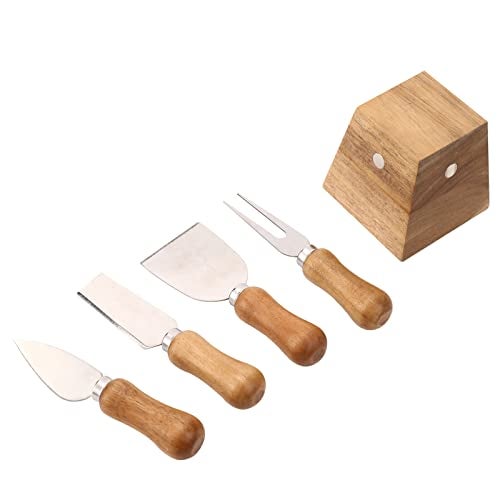 olelo Cheese Knife Set, 4 Small Cheese Knives with Acacia Wood Handle & Magnetic Stand, Stainless Steel Cheese Knife Set for Charcuterie Boards, Picnic, Family Gatherings - Cheese Knives Gift Set - Image 1