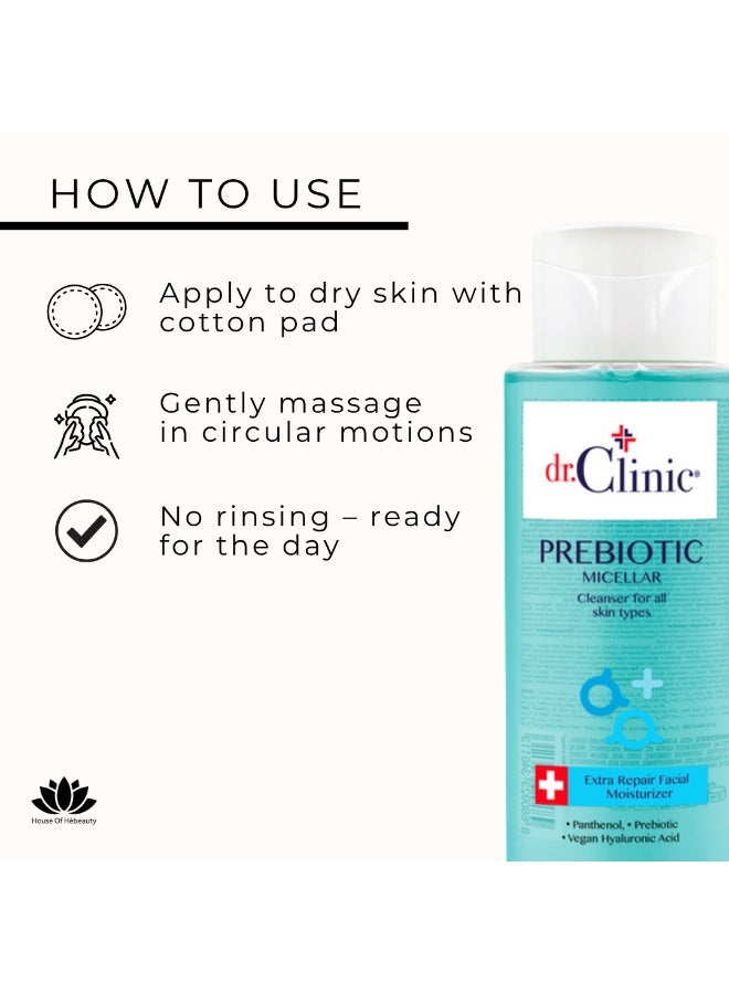 dr.Clinic DR. CLINIC | Prebiotic Micellar Water with Panthenol | Gentle Makeup Remover & Hydrating Cleanser | Enriched with Hyaluronic Acid & Prebiotics | For All Skin Types | 400 ml - Image 4