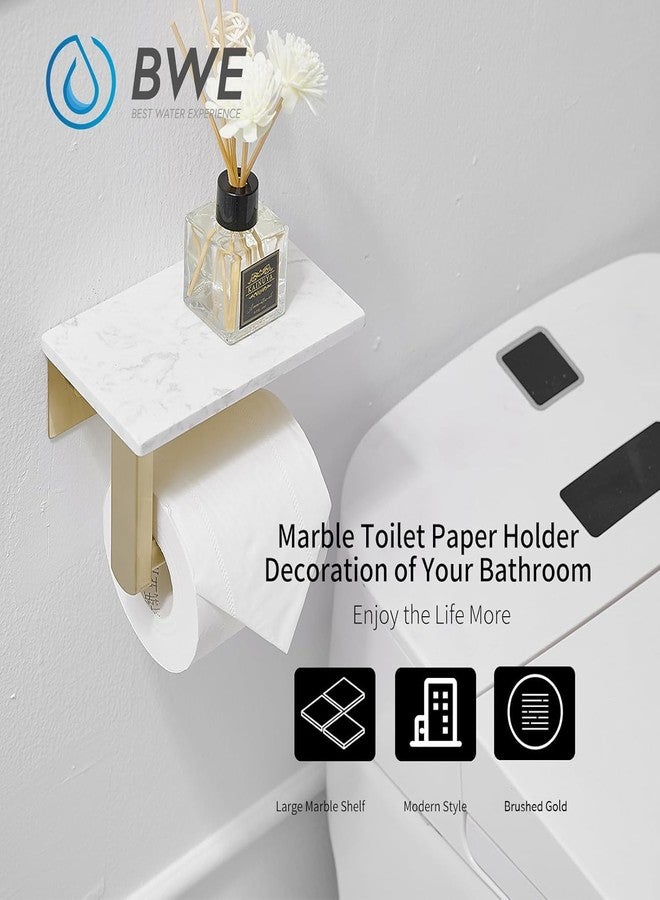 BWE حامل ورق تواليت بذهبي مع رف من الرخام، حامل لفافة من الفولاذ المقاوم للصدأ SUS 304 مثبت على الحائط، حامل لفافة ورق التواليت مع رف للهاتف مقاوم للصدأ للحمام، ذهبي مصقول - Image 2
