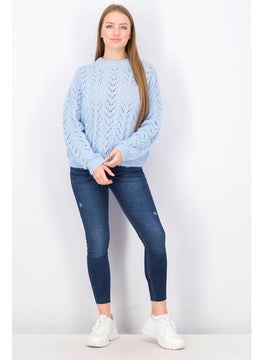 Tchibo Women Crew Neck Eyelet Sweater, Light Blue  - Image 4