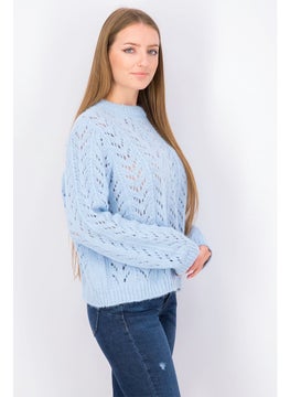 Tchibo Women Crew Neck Eyelet Sweater, Light Blue  - Image 3