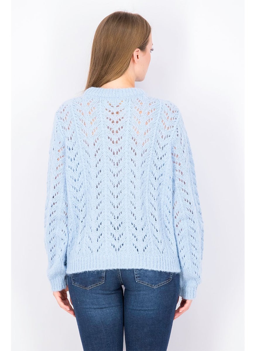 Tchibo Women Crew Neck Eyelet Sweater, Light Blue  - Image 2