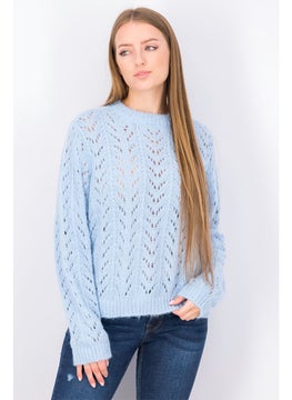 Tchibo Women Crew Neck Eyelet Sweater, Light Blue  - Image 1