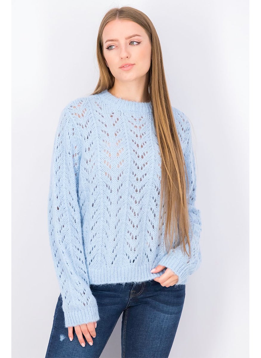 Tchibo Women Crew Neck Eyelet Sweater, Light Blue  - Image 1