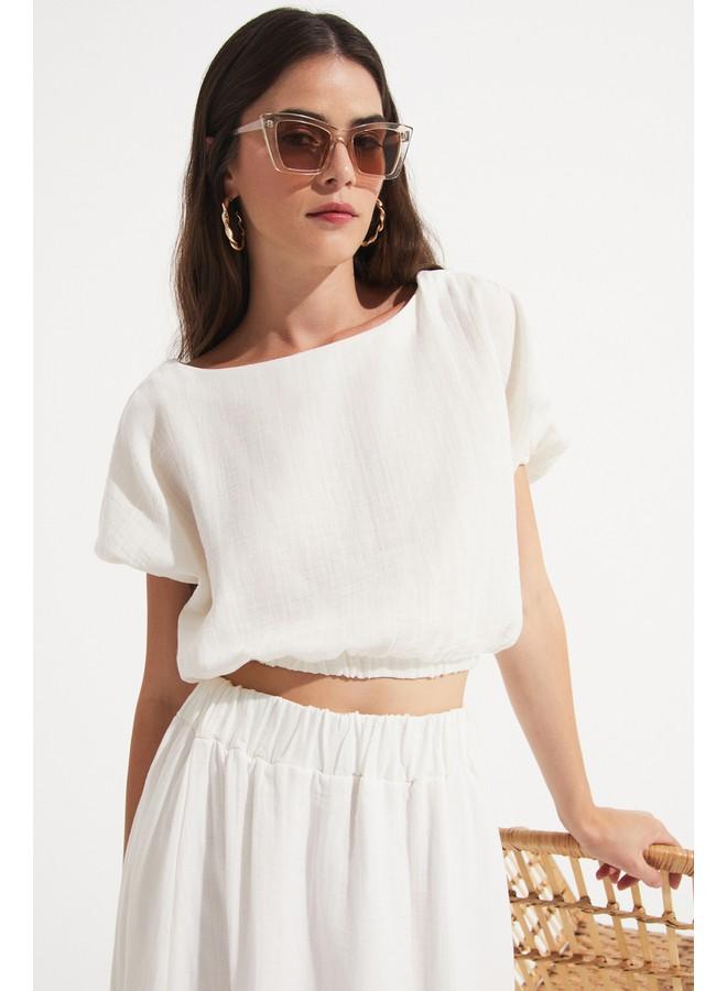 جون بلوزة قطنية قصيرة نسائية بيضاء - Image 2