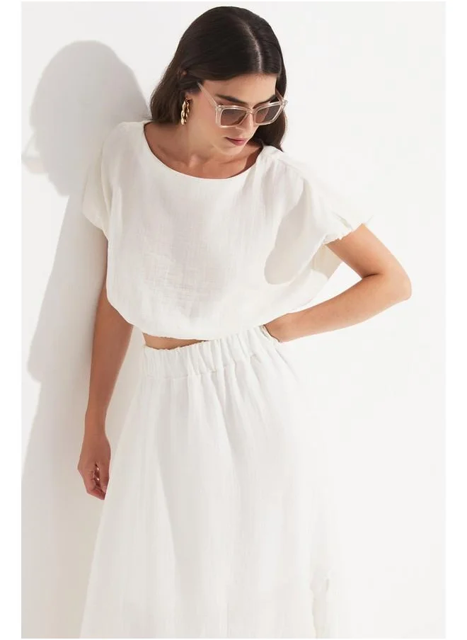 JUNE June Women 100% Cotton Crop Blouse White