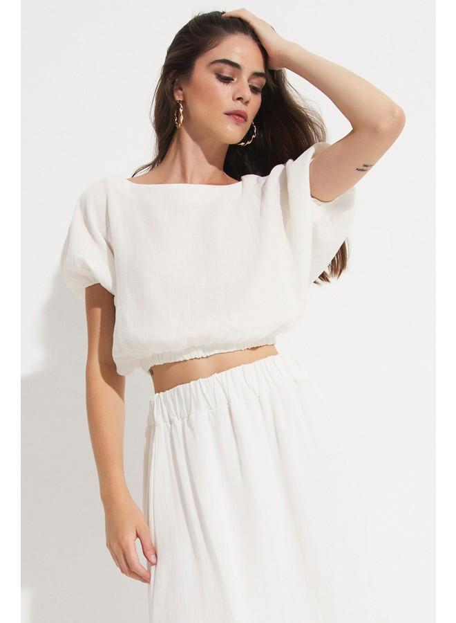 جون بلوزة قطنية قصيرة نسائية بيضاء - Image 1